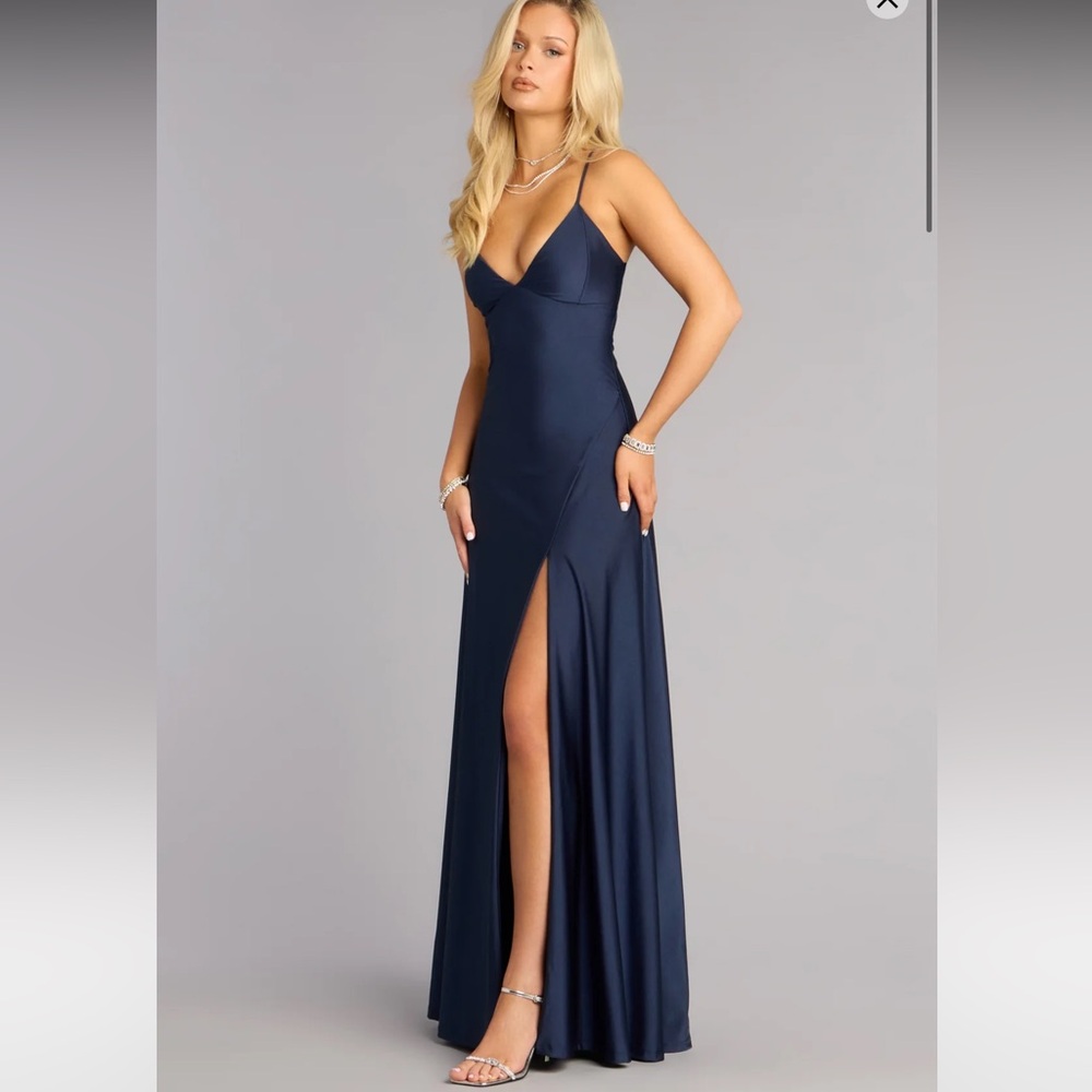 Windsor Navy Blue Mindy Satin A-Line Slit Formal Dress